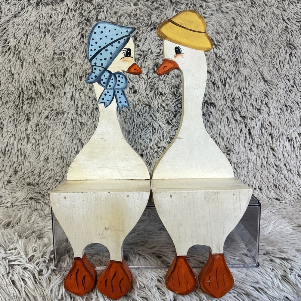 Duck Goose Pair‎ Mates Male Female Shelf Sitters Handmade Vtg Granny Primitive